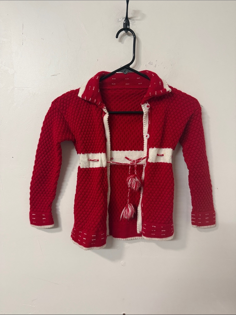 Girls Red Knit Hooded Cardigan with White Trim
